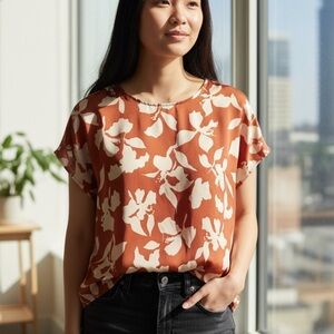 Halogen Rust and Cream Floral Blouse